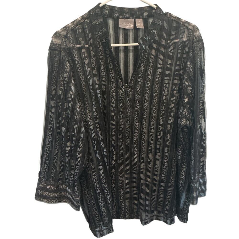 Chicos Travelers Womens Full Zip Cardigan Size‎ XL 3 Black Airplane Boho Artsy